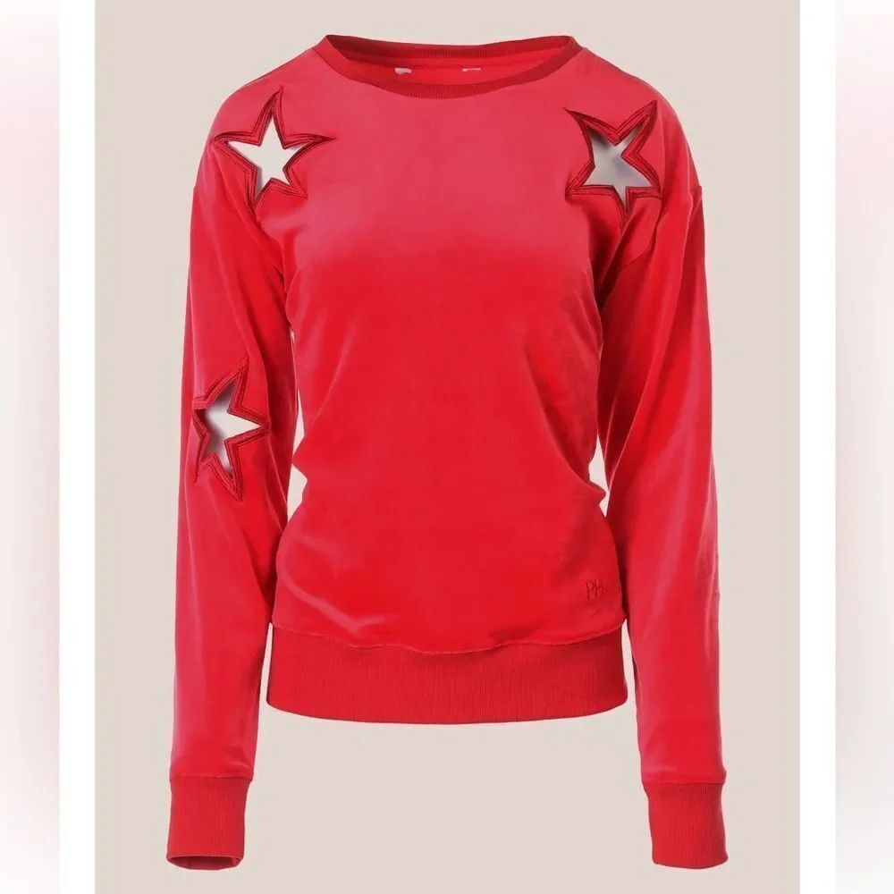 Paris Hilton The Star Crew Red Star-Embellished Velvet Tracksuit Top - Picture 3 of 11